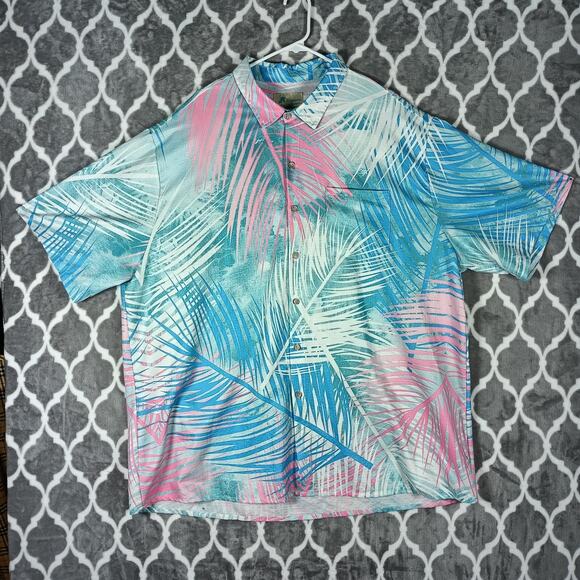 Royaura Hawaiian Shirt Mens 4XL Blue Pink Palm Leaf Aloha Vacation Button Up - Picture 1 of 9